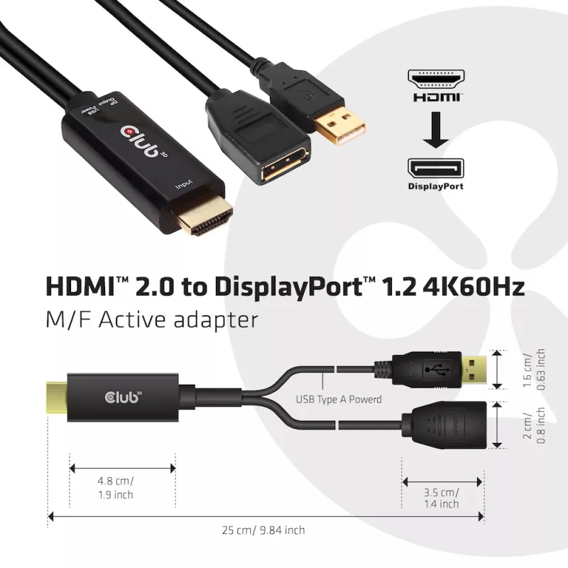 CLUB3D CAC-1331 Adaptador de cable de vídeo 0,25 m HDMI DisplayPort Negro