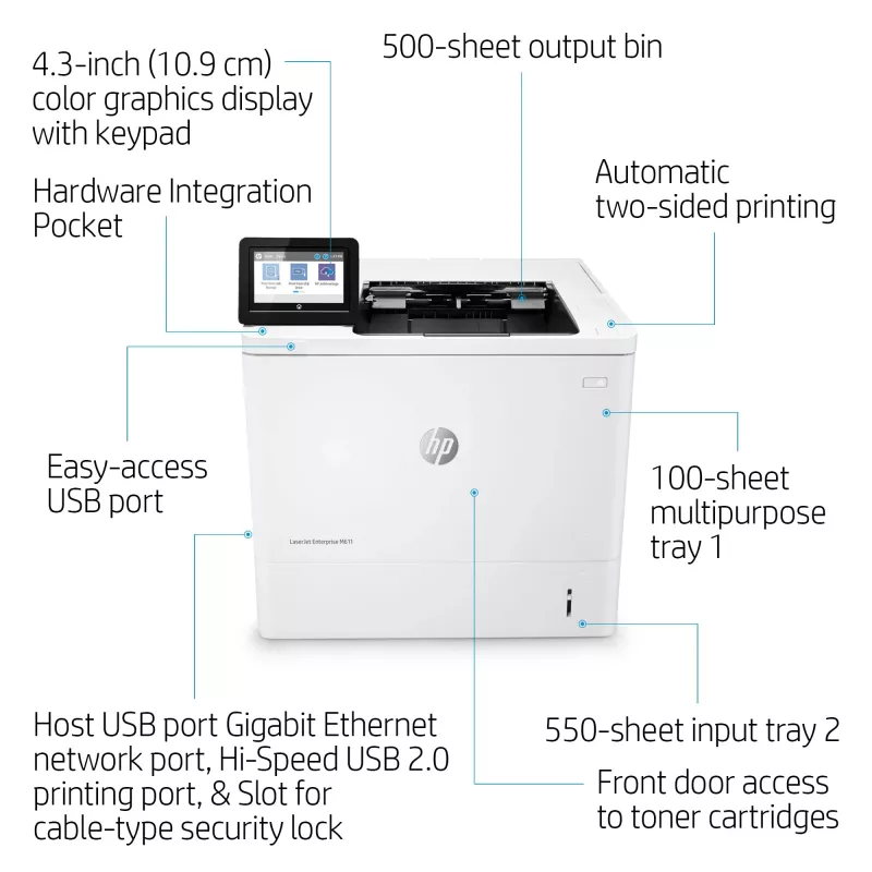 HP LaserJet Enterprise M611dn, láser, 1200 x 1200 DPI, A4, 61 ppm, impresión a doble cara, con red