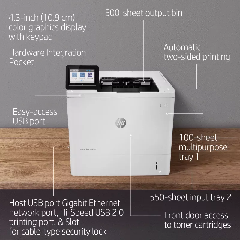 HP LaserJet Enterprise M611dn, láser, 1200 x 1200 DPI, A4, 61 ppm, impresión a doble cara, con red
