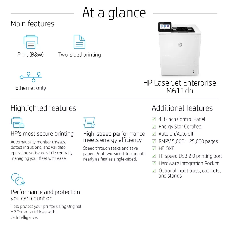 HP LaserJet Enterprise M611dn, láser, 1200 x 1200 DPI, A4, 61 ppm, impresión a doble cara, con red