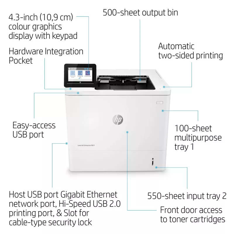 HP LaserJet Enterprise M611dn, láser, 1200 x 1200 DPI, A4, 61 ppm, impresión a doble cara, con red