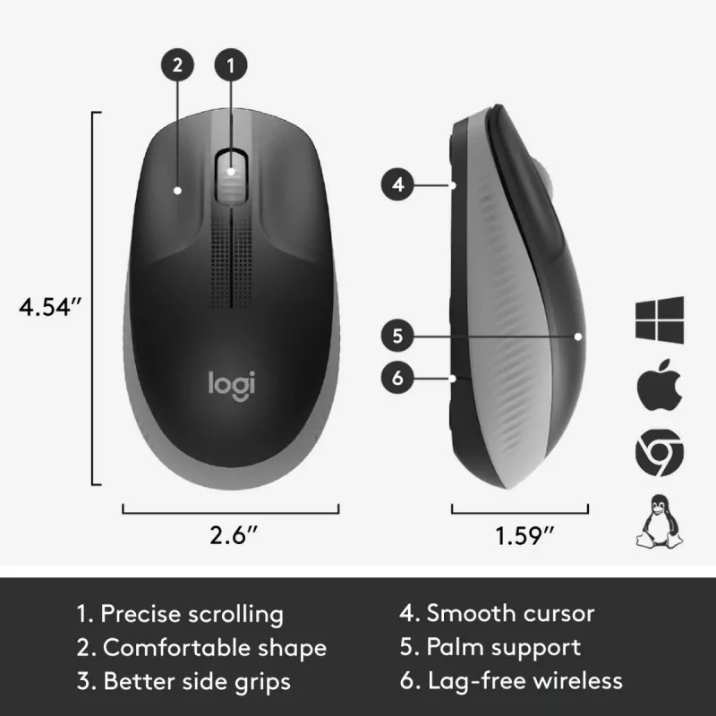 LOGITECH M190 ratón inalámbrico tamaño completo gris medianoche