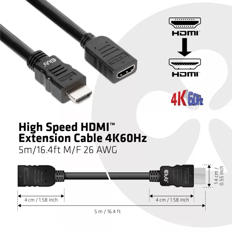 CLUB3D cable alargador HDMI™ High Speed 4K60Hz M/H 5m/16,4ft 26 AWG