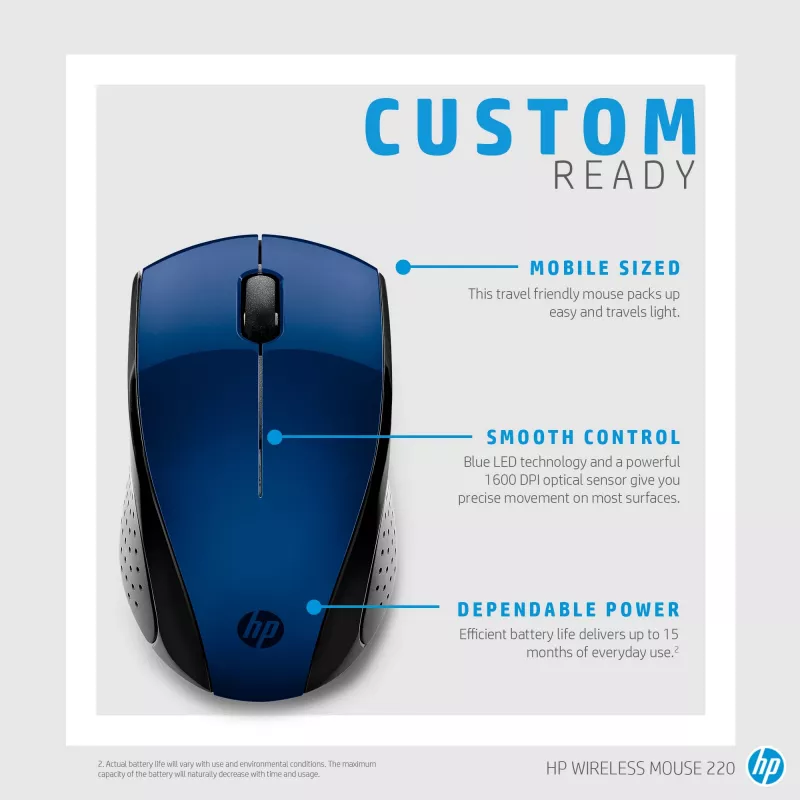 Ratón inalámbrico HP 220 (Lumiere Blue), ambidiestro, RF Wireless, Azul