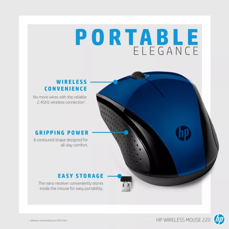 Ratón inalámbrico HP 220 (Lumiere Blue), ambidiestro, RF Wireless, Azul