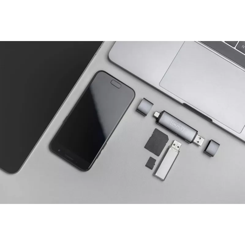 DIGITUS Combo Card Reader Hub (USB-C+USB 3.0) 1x SD, 1x MicroSD, 1x USB 3.0, gris