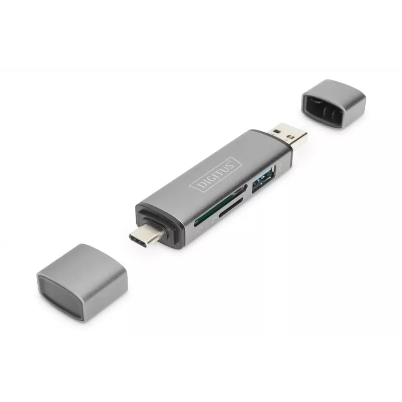 DIGITUS Combo Card Reader Hub (USB-C+USB 3.0) 1x SD, 1x MicroSD, 1x USB 3.0, gris