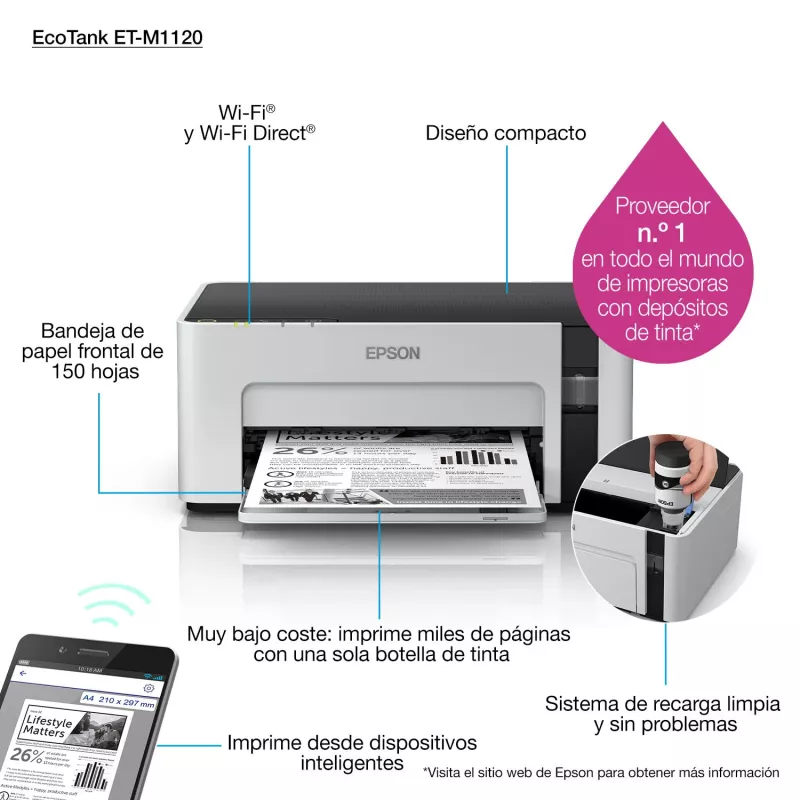 Impresora de inyección de tinta Epson EcoTank ET-M1120 — monocromo, A4, 1440x720 DPI, Wi‑Fi, depósito de tinta rellenable