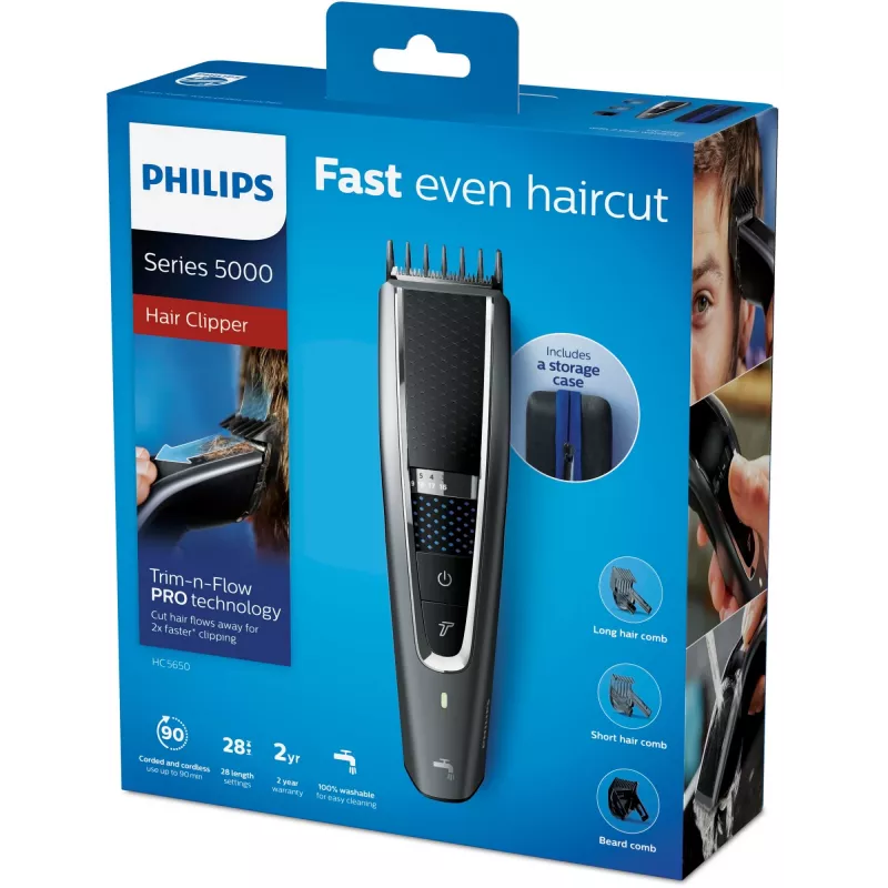 Philips Serie 5000 HC5650/15 cortapelos, con o sin cable, 28 ajustes de longitud, gris/plata