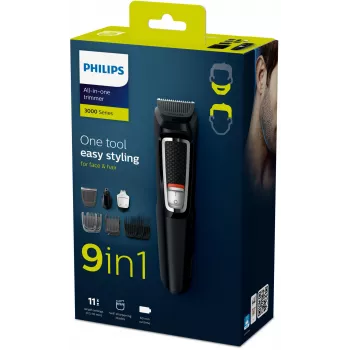 Recortadora multigroomer Philips MULTIGROOM Series 3000 9 en 1 MG3740/15 — batería NiMH, 60 min de autonomía, cuchillas de acero inoxidable, 9 peines de corte, negra