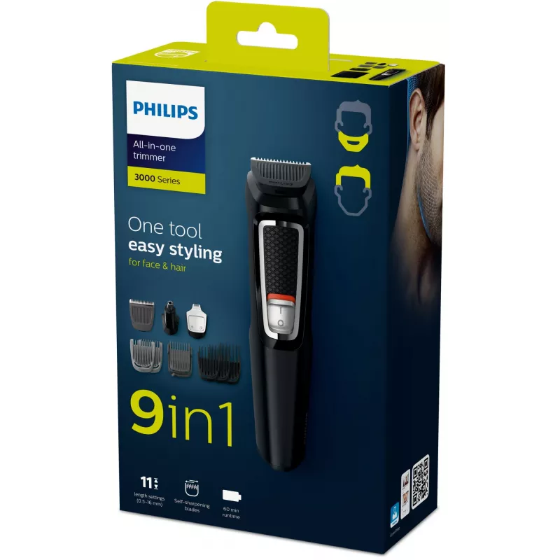 Recortadora multigroomer Philips MULTIGROOM Series 3000 9 en 1 MG3740/15 — batería NiMH, 60 min de autonomía, cuchillas de acero inoxidable, 9 peines de corte, negra