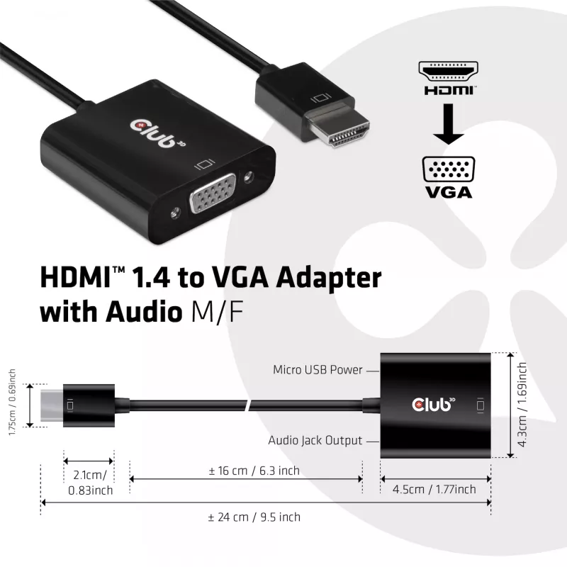 Adaptador de cable de vídeo CLUB3D CAC-1302 0,5 m HDMI tipo A (estándar) VGA (D-Sub) Negro