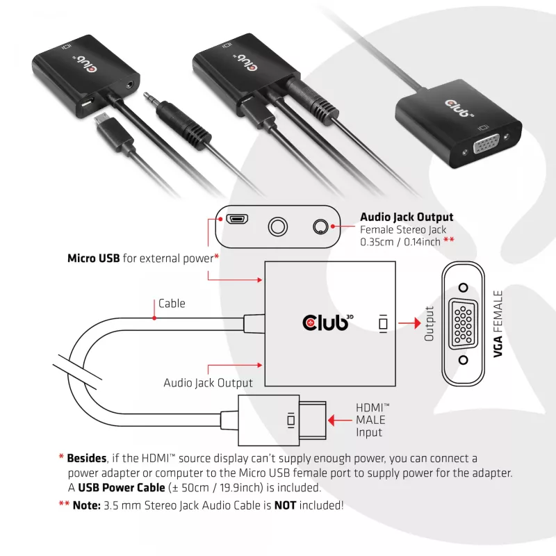 Adaptador de cable de vídeo CLUB3D CAC-1302 0,5 m HDMI tipo A (estándar) VGA (D-Sub) Negro