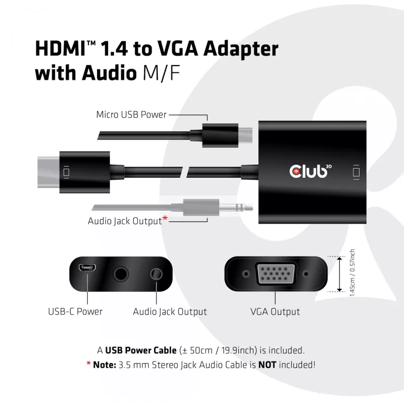 Adaptador de cable de vídeo CLUB3D CAC-1302 0,5 m HDMI tipo A (estándar) VGA (D-Sub) Negro