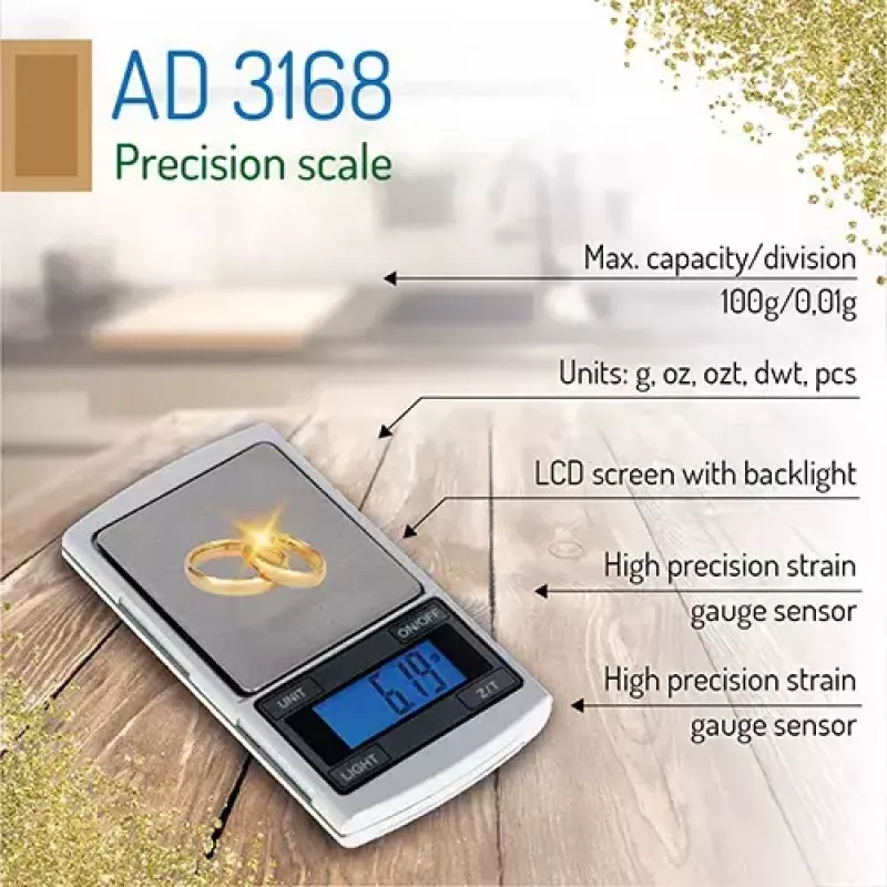 Balanza de precisión Adler AD 3168, 100 g de capacidad, 0,01 g de precisión, plateada, portátil