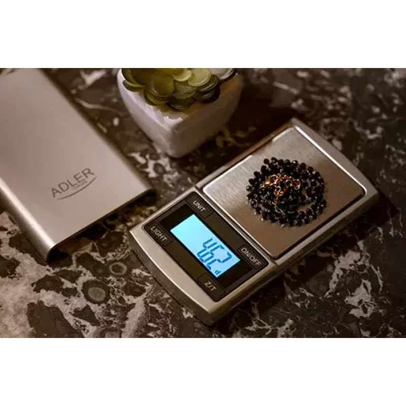Balanza de precisión Adler AD 3168, 100 g de capacidad, 0,01 g de precisión, plateada, portátil