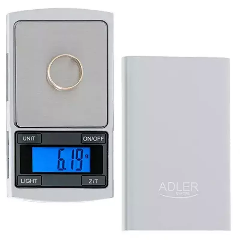 Balanza de precisión Adler AD 3168, 100 g de capacidad, 0,01 g de precisión, plateada, portátil