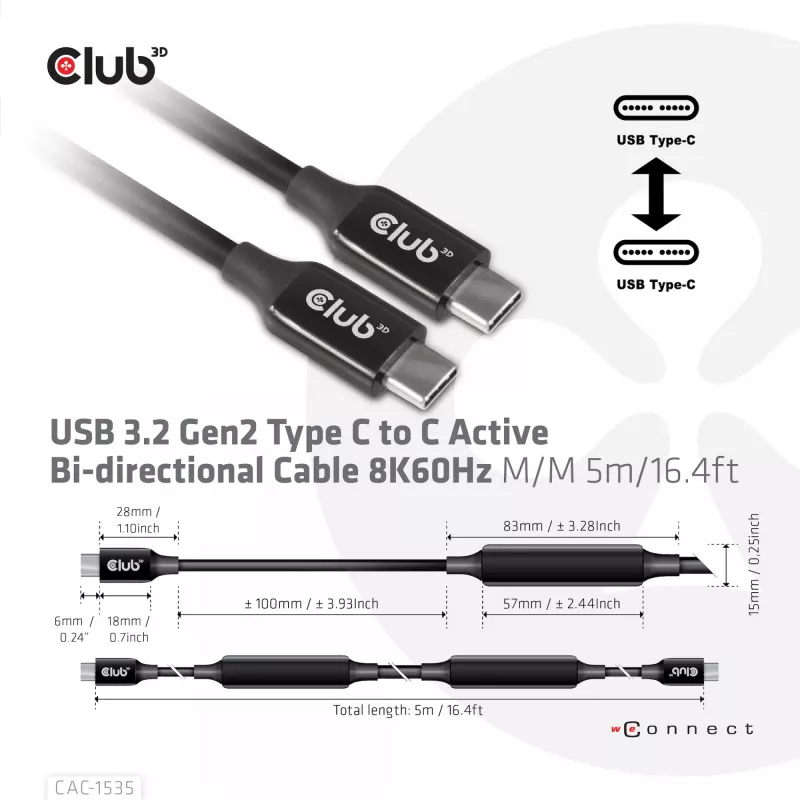 CLUB3D Cable USB 3.2 Gen2 Type C a C Activo Bidireccional 8K60Hz M/M 5m/16.4ft