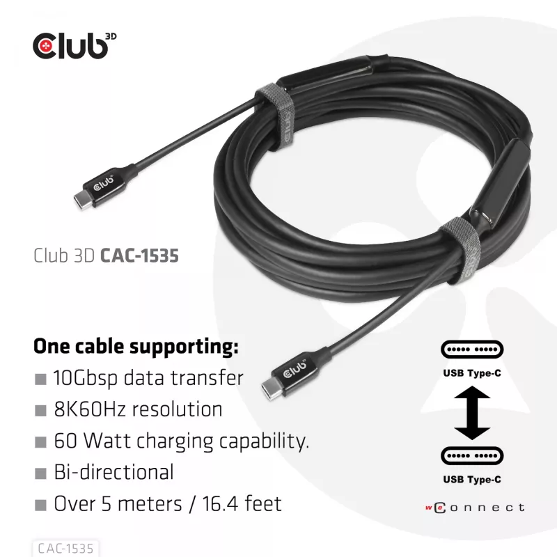 CLUB3D Cable USB 3.2 Gen2 Type C a C Activo Bidireccional 8K60Hz M/M 5m/16.4ft