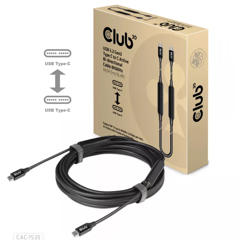 CLUB3D Cable USB 3.2 Gen2 Type C a C Activo Bidireccional 8K60Hz M/M 5m/16.4ft