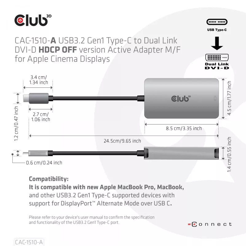 Adaptador activo CLUB3D USB3.2 Gen1 Type-C a Dual Link DVI-D HDCP OFF versión M/H para Apple Cinema Displays