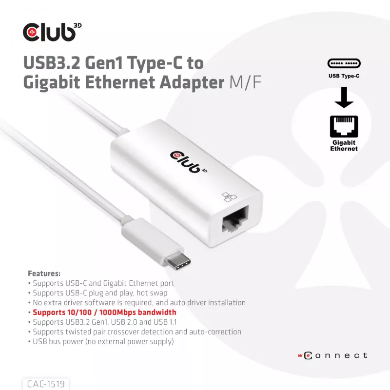 Adaptador USB3.2 Gen1 Type-C a Gigabit Ethernet CLUB3D CAC-1519
