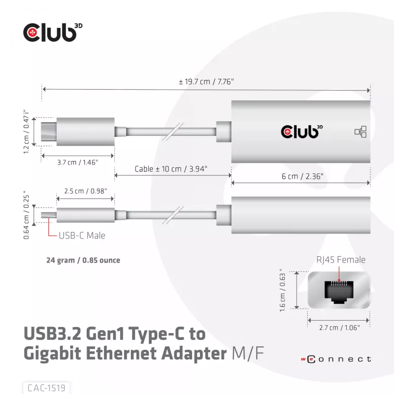 Adaptador USB3.2 Gen1 Type-C a Gigabit Ethernet CLUB3D CAC-1519