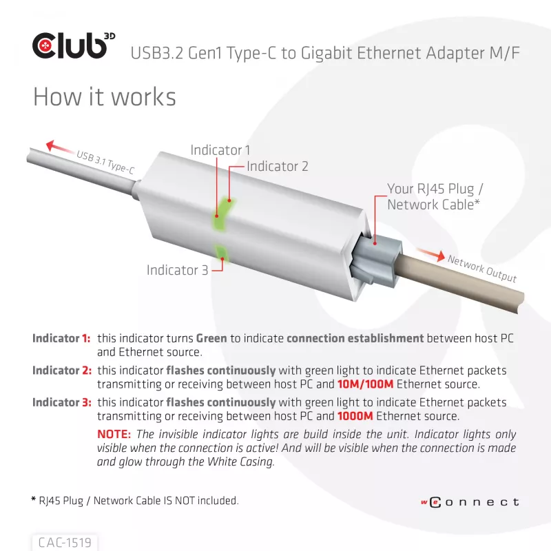 Adaptador USB3.2 Gen1 Type-C a Gigabit Ethernet CLUB3D CAC-1519