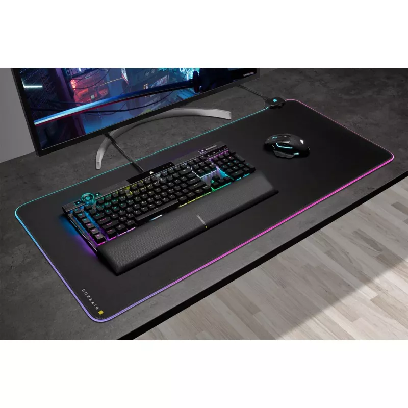 Alfombrilla gaming CORSAIR MM700 RGB — 930×400 mm, 4 mm de grosor, base de goma, retroiluminación LED alimentada por USB, negra