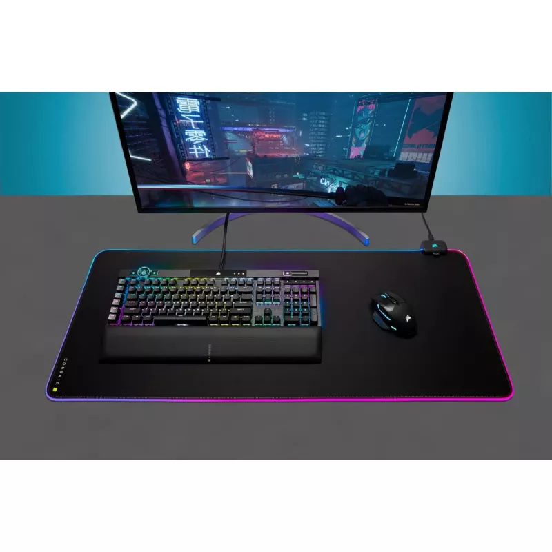 Alfombrilla gaming CORSAIR MM700 RGB — 930×400 mm, 4 mm de grosor, base de goma, retroiluminación LED alimentada por USB, negra