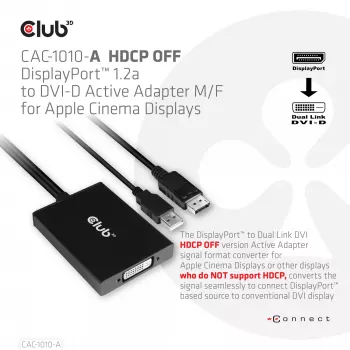 Adaptador activo DisplayPort a Dual Link DVI-D CLUB3D CAC-1010-A, DisplayPort a DVI-D + USB, 0,6 m