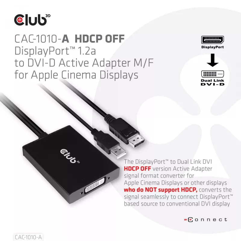 Club 3D CAC-1010-A adaptador activo de DisplayPort a Dual Link DVI-D, DisplayPort 1.2a, alimentado por USB, HDCP OFF, 0,6 m, negro