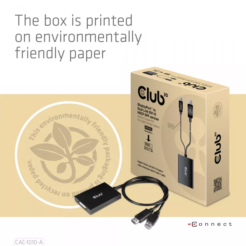 Club 3D CAC-1010-A adaptador activo de DisplayPort a Dual Link DVI-D, DisplayPort 1.2a, alimentado por USB, HDCP OFF, 0,6 m, negro