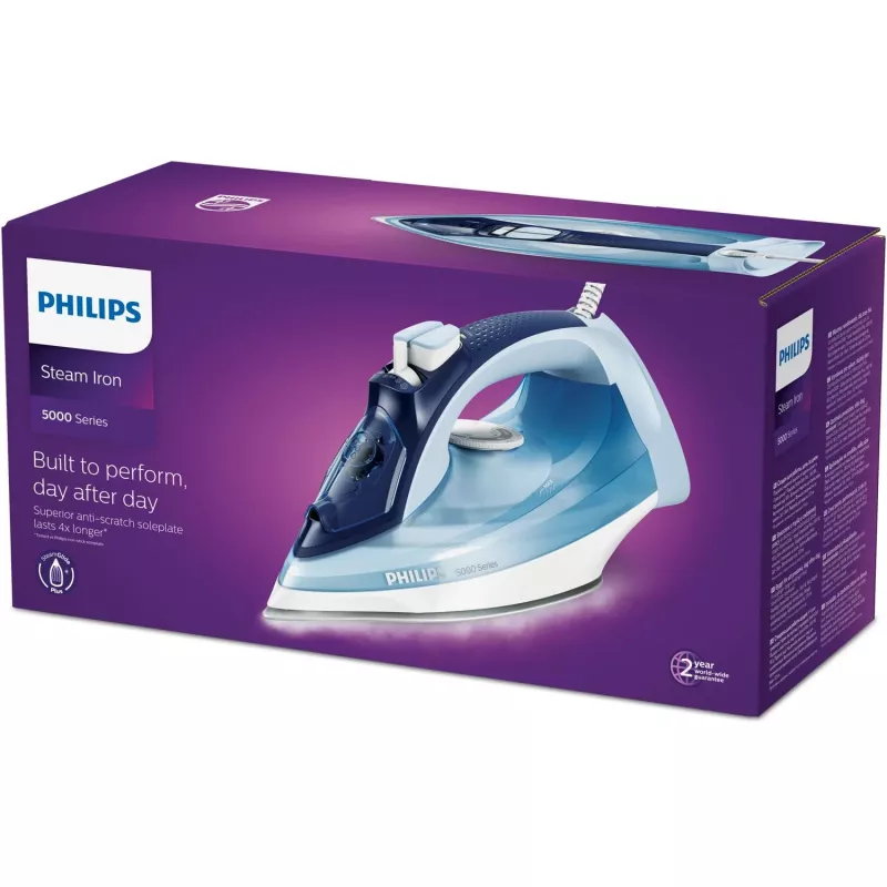 Plancha de vapor Philips DST5030/20 — 2400W, depósito de 0,32 L, suela SteamGlide Plus, vapor continuo 45 g/min, golpe de vapor 180 g/min, azul