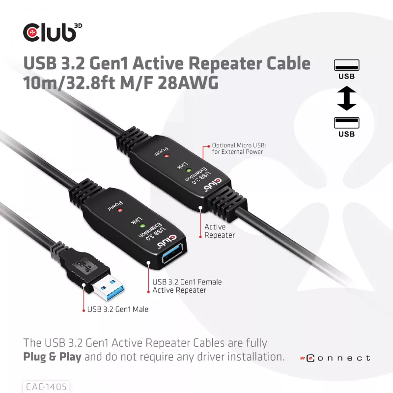 CLUB3D cable repetidor activo USB 3.2 Gen1 10 m / 32.8ft M/H 28AWG