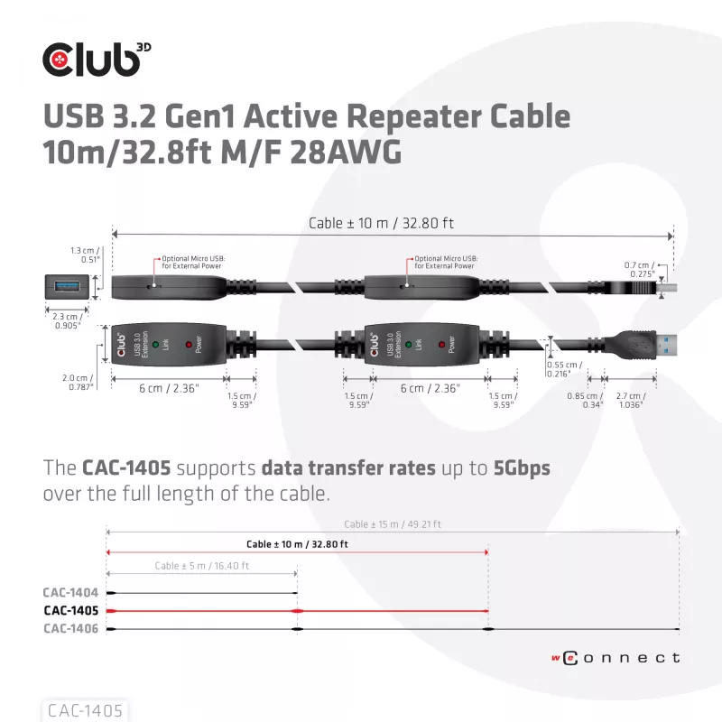 CLUB3D cable repetidor activo USB 3.2 Gen1 10 m / 32.8ft M/H 28AWG