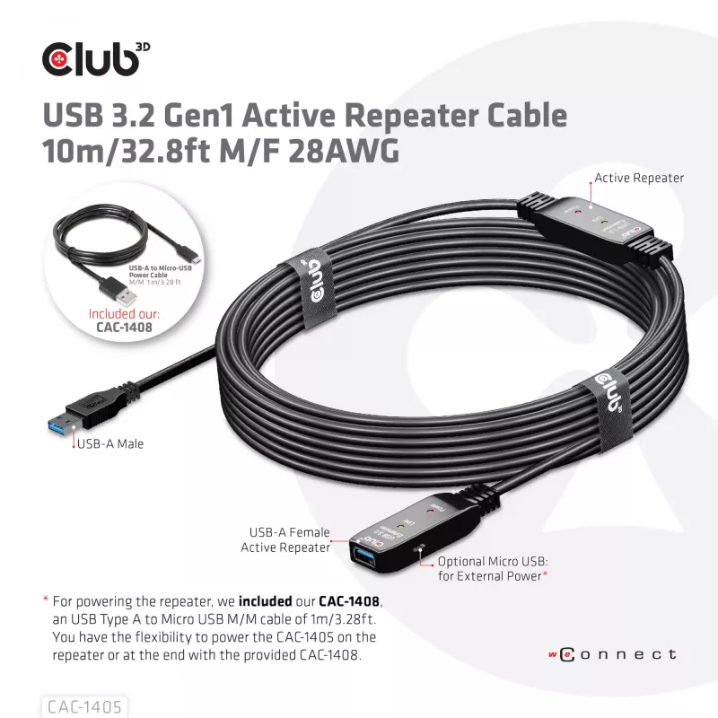 CLUB3D cable repetidor activo USB 3.2 Gen1 10 m / 32.8ft M/H 28AWG