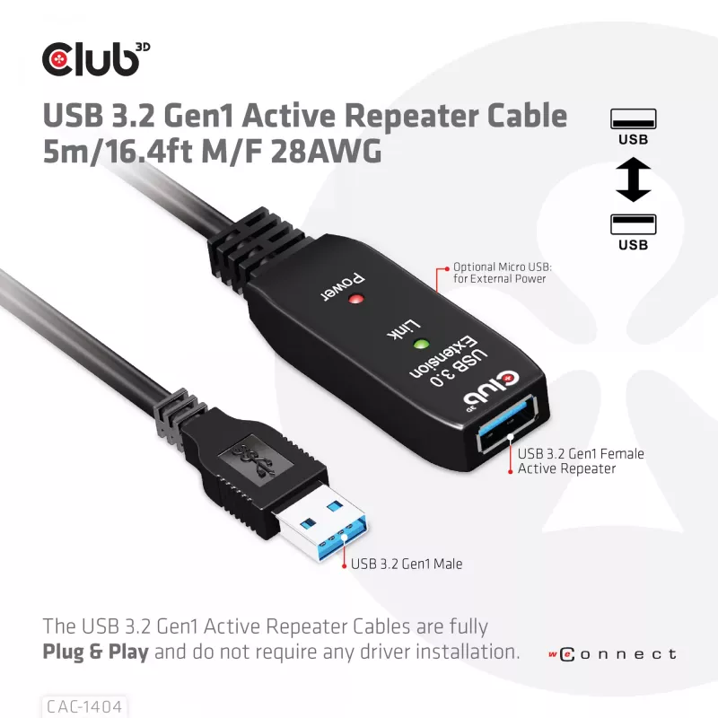 CLUB3D cable repetidor activo USB 3.2 Gen1 5m/ 16.4 ft M/H 28AWG