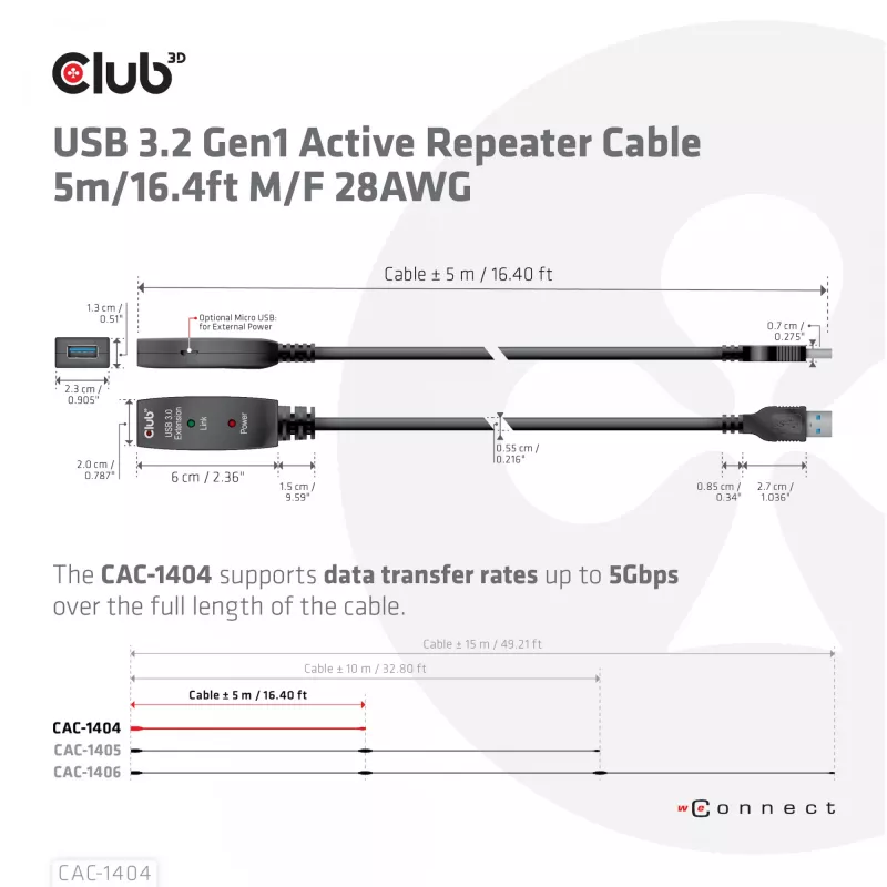 CLUB3D cable repetidor activo USB 3.2 Gen1 5m/ 16.4 ft M/H 28AWG