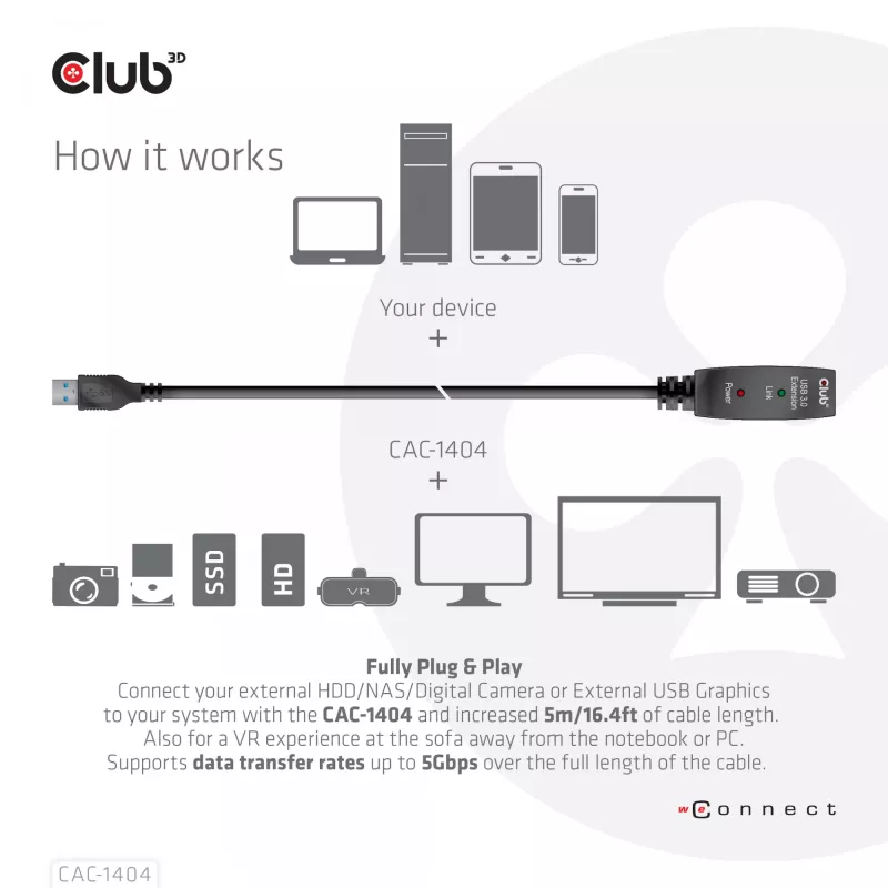 CLUB3D cable repetidor activo USB 3.2 Gen1 5m/ 16.4 ft M/H 28AWG