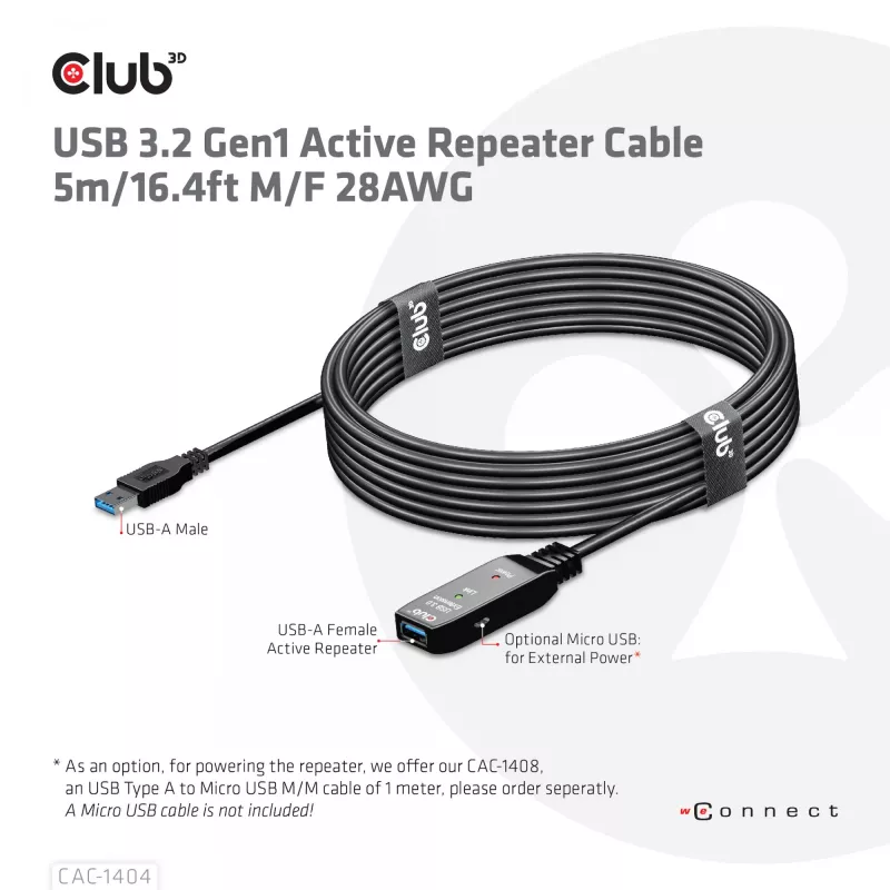 CLUB3D cable repetidor activo USB 3.2 Gen1 5m/ 16.4 ft M/H 28AWG
