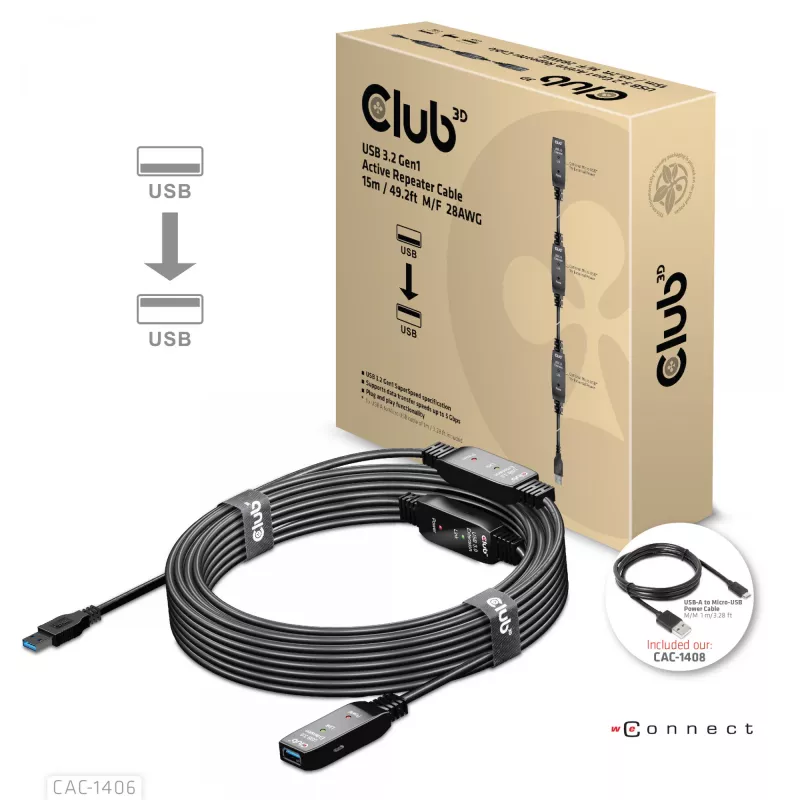 CLUB3D cable repetidor activo USB 3.2 Gen1 15 m/ 49.2 ft M/H 28AWG
