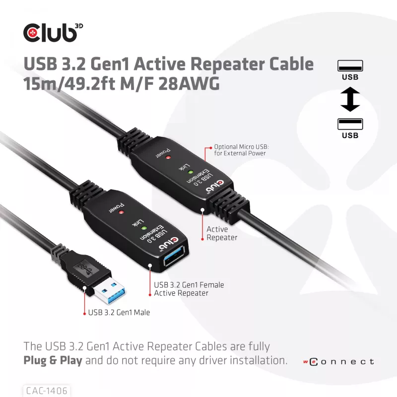CLUB3D cable repetidor activo USB 3.2 Gen1 15 m/ 49.2 ft M/H 28AWG