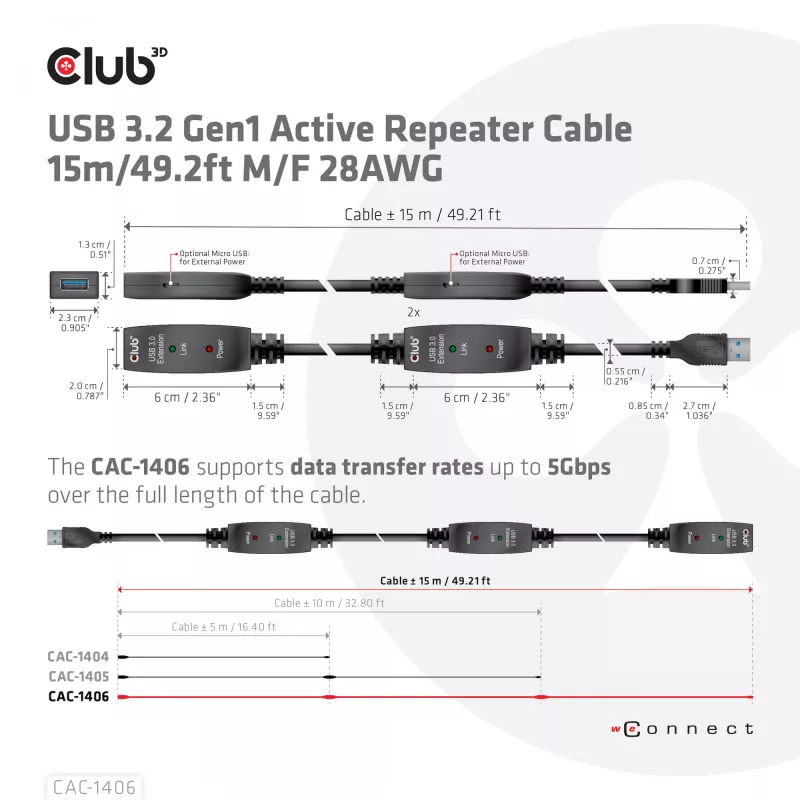 CLUB3D cable repetidor activo USB 3.2 Gen1 15 m/ 49.2 ft M/H 28AWG