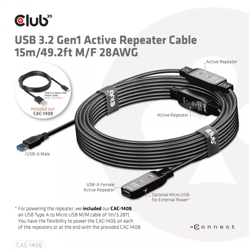 CLUB3D cable repetidor activo USB 3.2 Gen1 15 m/ 49.2 ft M/H 28AWG