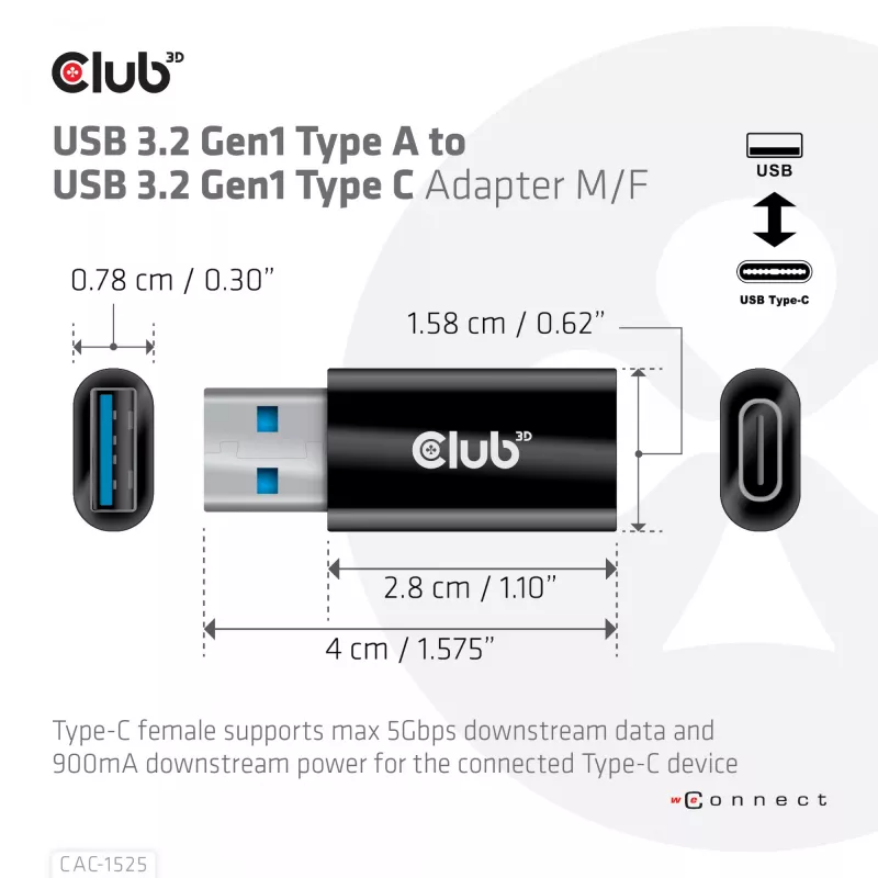 CLUB3D Adaptador USB 3.2 Gen1 Type-A a USB 3.2 Gen1 Type-C macho/hembra