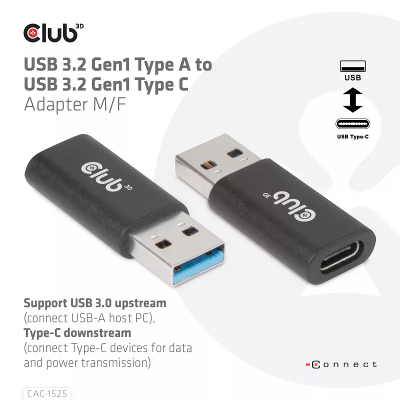 CLUB3D Adaptador USB 3.2 Gen1 Type-A a USB 3.2 Gen1 Type-C macho/hembra