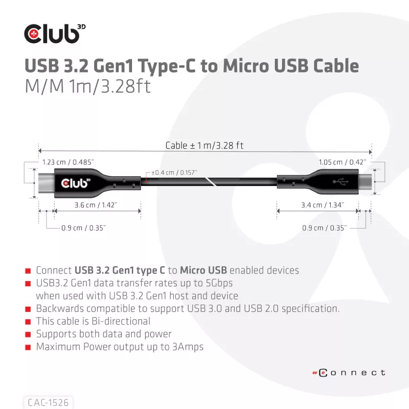 Cable USB 3.2 Gen1 Type-C a Micro-USB M/M 1 m / 3,28 ft CLUB3D