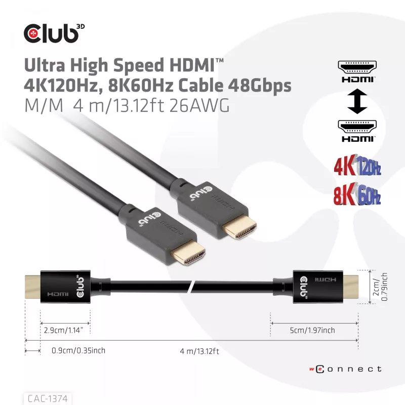 Cable Ultra High Speed HDMI™ 4K120Hz, 8K60Hz 48Gbps M/M 4 m/13,12ft 26AWG CLUB3D