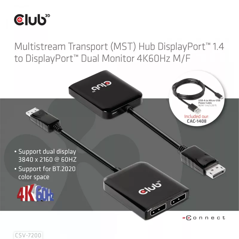 Hub MST DisplayPort 1.4 a DisplayPort + HDMI 4K60Hz CLUB3D CSV-7220